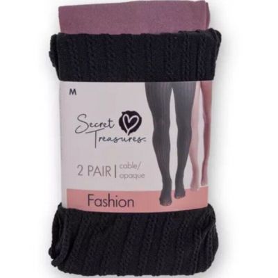 Secret Treasures Women's Black Cable & Mauve Opaque 2pk Tights Size Small